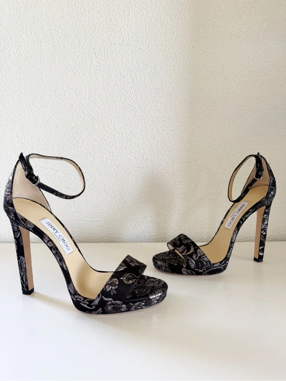 Jimmy Choo Misty Platform Sandals Black Silver Brocade Ankle Strap EU 39